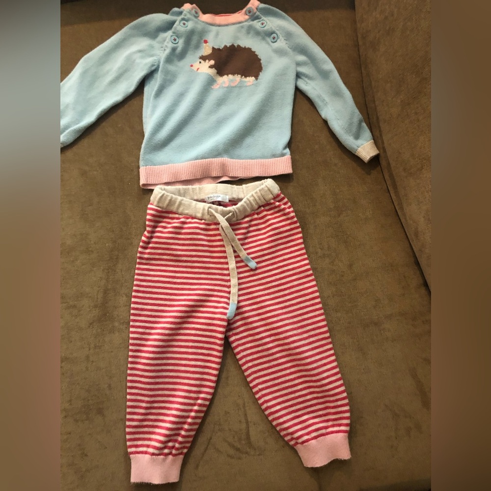 Mini Boden Blue and Pink Hedgehog Knit Top with Pink Striped Pants